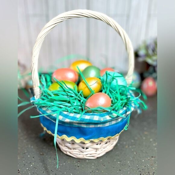 10” Basket Oval White w/ Handle Blue Gingham Liner Yellow RicRac Trim EPC - Picture 1 of 10